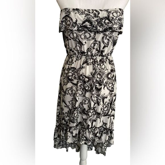 Peach Couture Ruffled Strapless High Low Paisley Dress - Picture 1 of 6